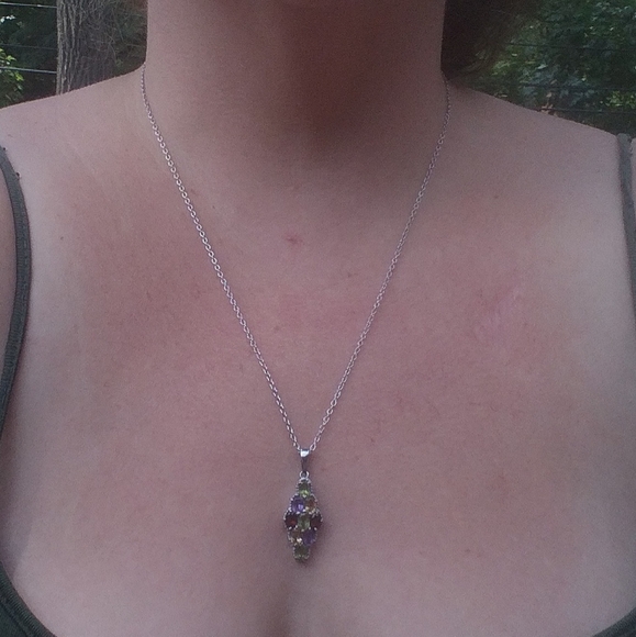 Diamond shaped multi gemstone pendant / necklace in stainless steel - Picture 4 of 5